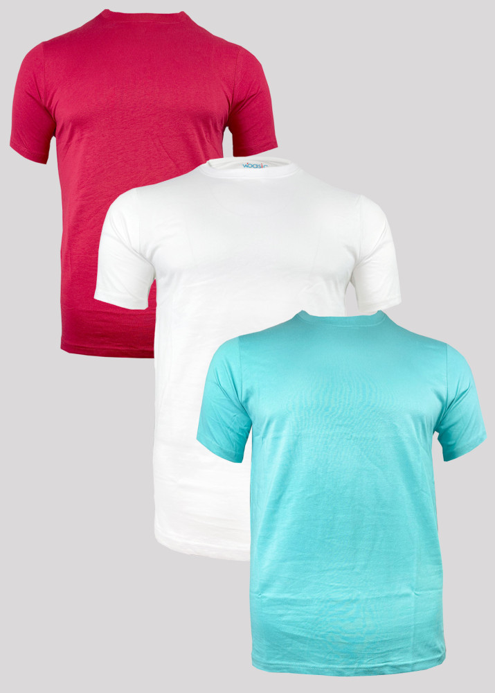 Crew Neck Cotton Short Sleeve Solid T-shirt with 3Pcs Pack ( Red/White/Mint)
