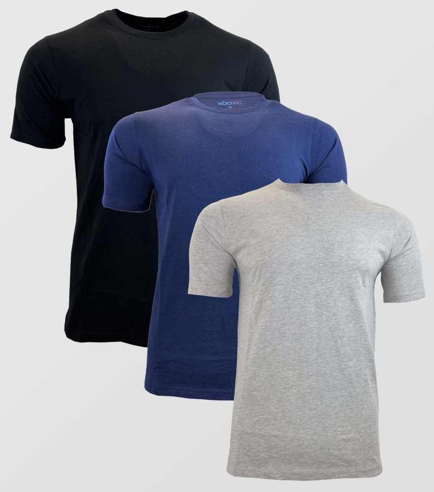 Crew Neck Cotton Short Sleeve Solid T-shirt with 3Pcs Pack ( Black/Navy/Grey)