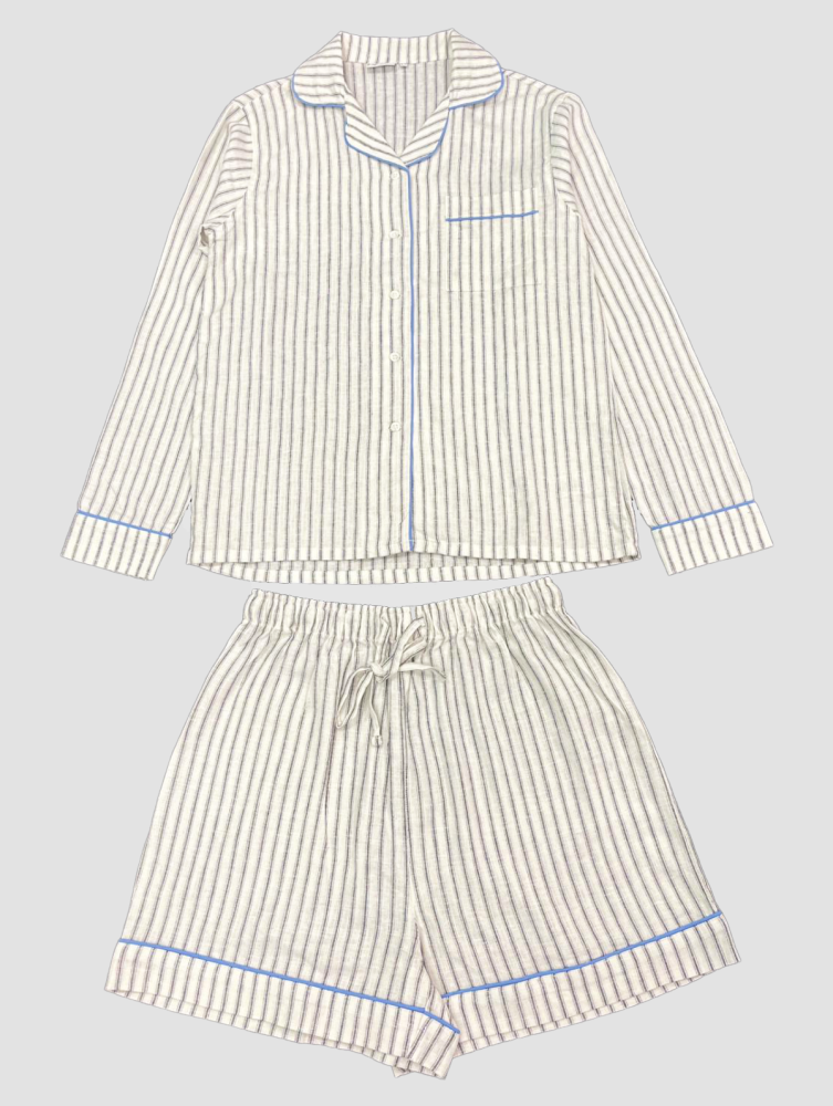 Ladies Cotton Linen White-Navy Stripe Short Sleeping Set