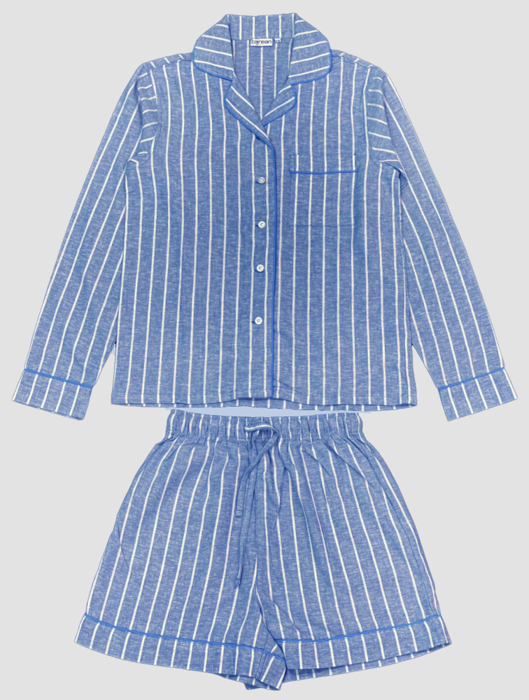 Ladies Cotton Linen Denim-White  Stripe Short Sleeping Set