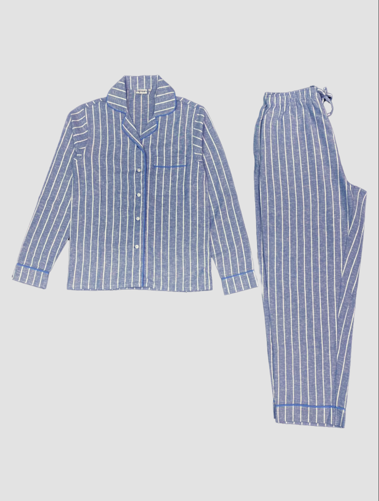 Ladies Cotton Linen Denim-White Stripe  Long Sleeve Sleeping Set