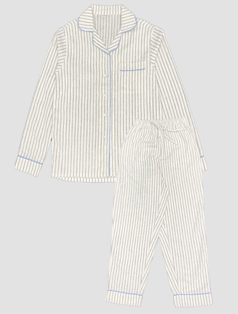 Ladies Cotton Linen White-Navy Stripe  Long Sleeve Sleeping Set