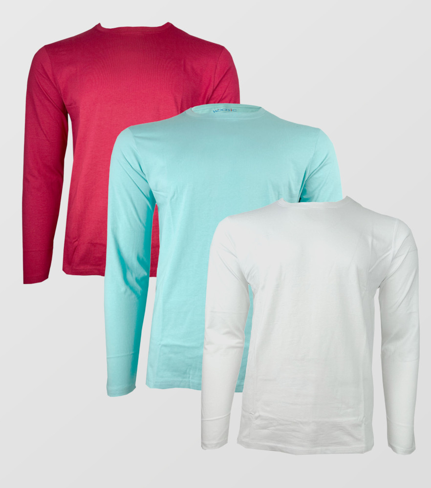 Crew Neck Cotton Long Sleeve Solid T-shirt with 3Pcs Pack ( Red/White/Mint)